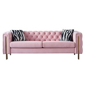 84.25" Velvet Chesterfield Sofa with Tufted Back, Gold Metal Legs and Black & White Striped Pillows - 1 of 4