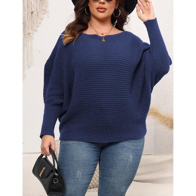 Whizmax Womens Plus Size Off-Shoulder Sweater Tops Batwing Sleeve Winter Knit Blouses, Navy Blue, 2XL