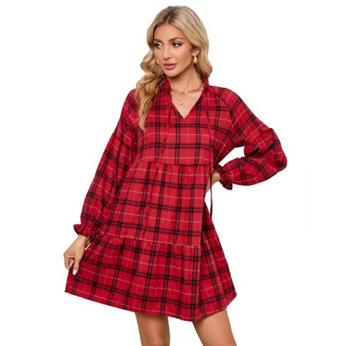 Womens Plaid Dress V Neck Long Sleeve Front Tie Midi Dress With Lantern Sleeve Ruffle Hem Tiered Dresses Casual Tartan Dress Red Xl Target