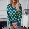 Coolmee Women's V Neck Sweater Fall Winter Long Sleeve Flower Pattern Loose Fit Pullover Knit Tops - 2 of 4