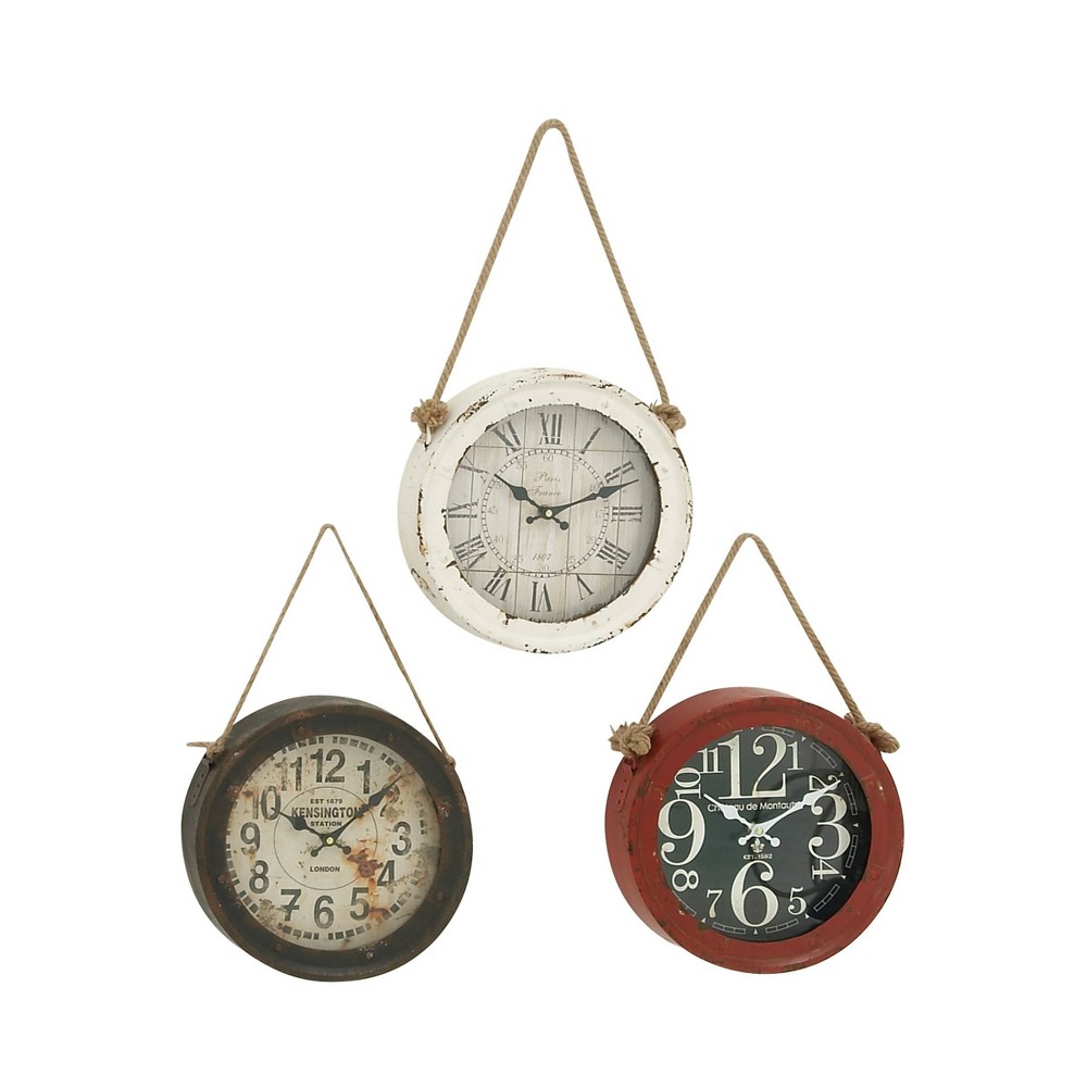 Photos - Wall Clock Set of 3 Metal  with Rope accents White - Olivia & May: Vintage Iron Timepieces, Indoor Decor