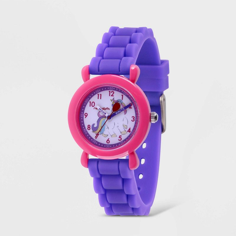 Girls&#39; Red Balloon Unicorn Plastic Time Teacher Silicone Strap Watch - Purple, 1 of 7