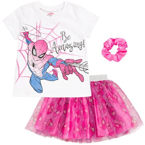 Marvel Spider-man Toddler Girls T-shirt Tulle Mesh Skirt And Scrunchie 3  Piece Outfit Set White / Pink 2t : Target
