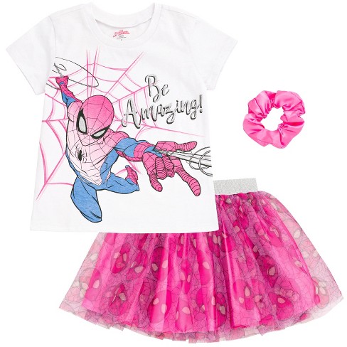 Marvel Spider man Little Girls T shirt Tulle Mesh Skirt And Scrunchie 3 Piece Outfit Set White Pink 7 8 Target