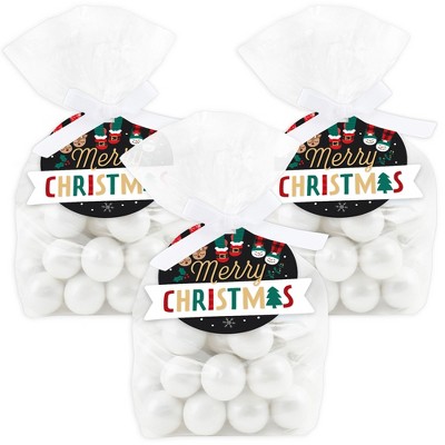 Big Dot of Happiness Christmas Pajamas - Holiday Plaid PJ Party Clear Goodie Favor Bags - Treat Bags With Tags - Set of 12