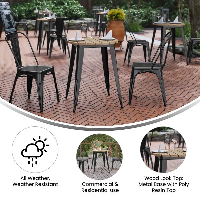 Brown Poly Resin Round Dining Table with Black Steel Base
