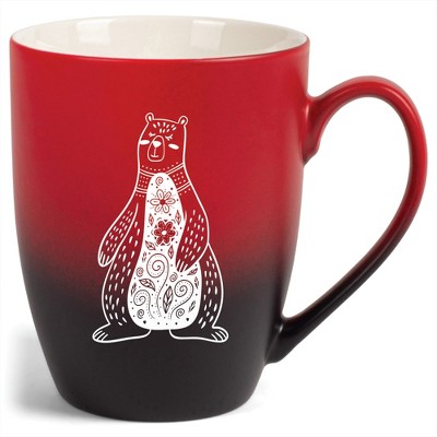 Elanze Designs 12 Ounce Vibrant Two Toned Ombre Ceramic Tea Coffee Cup Mug Red Black Whimsical Floral Bear