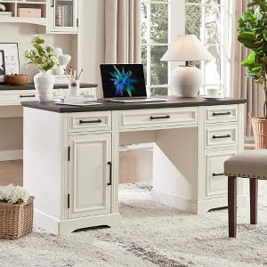 TAJSOON 58" Executive Desk, Farmhouse Computer Desk with Drawers and Cabinet,Off White - 1 of 1