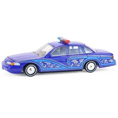 1992 Ford Crown Victoria Lowrider Blue with Graphics and Lightbar 1/64 Scale Diecast Model Cars by Greenlight