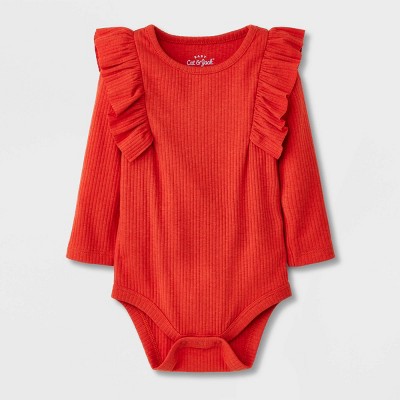 Image of Baby Girls' Ribbed Ruffle Bodysuit - Cat & Jack™ Terracotta Orange 0-3M
