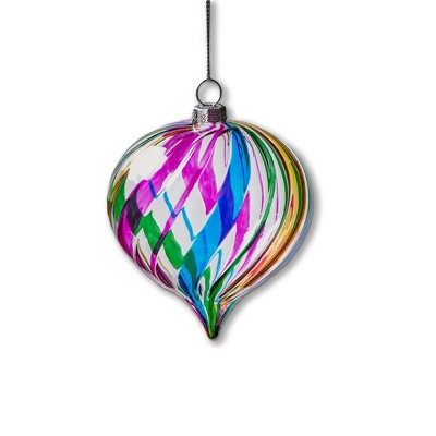 TAG Multi Stripe Drop Glass Ornament for Christmas Tree 3.25 in Multicolor Dust Clean Decorative Holiday Decor