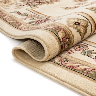 Ivory and Beige Synthetic Floral Medallion Runner Rug