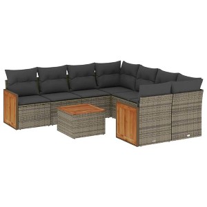 vidaXL 9 Piece Patio Sofa Set with Cushions Gray Poly Rattan - Gray - 1 of 4