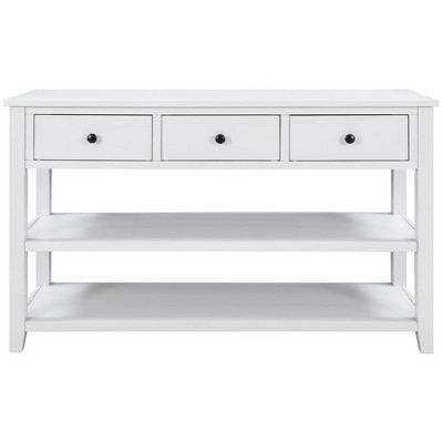 Retro Console Table With 3 Storage Drawers And 2-Tier Open Storage Shelf, Vintage Wooden Sofa Table With Solid Pine Wood Frame And Legs