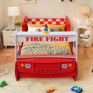 Twin Size Fire Truck Bed, Little Heroes Floor Bed Frame, LED Headlight, No Box Spring-- Frevyn - 1 of 4