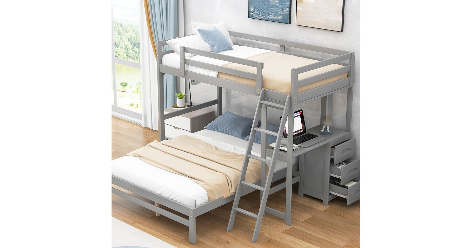 Twin Over Full Bunk Bed for Kids, Low Bunk Bed with Ladder and Guardrail, Wood Platform Bed Frame with Storage Drawers for Kids Teens Adults Grey