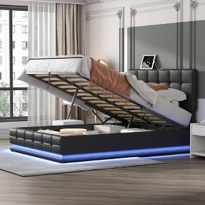 NicBex Queen Tufted Upholstered Bed Frame with Lift Up Storage,Platform Bed Frame with LED Light and USB,No Box Spring Needed,Black/White - 1 of 4
