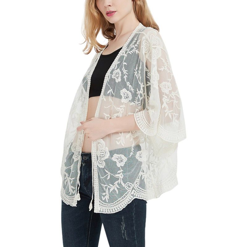 Anna-Kaci Women's Short Embroidered Lace Duster Crop Cardigan with Half Sleeves, 1 of 6