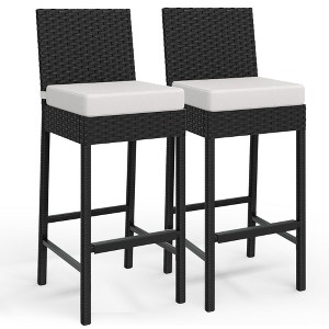 Patio Wicker Barstools With Cushions, Outdoor Wicker Bar Stools Set of 2, Outdoor Rattan Bar Height Stool Set Armless for Backyard, Poolside - 1 of 4