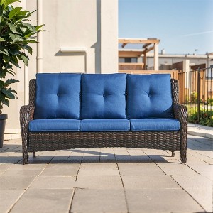 POCASSY 74" Wide Outdoor Wicker Patio Sofa with Cushions, All Weather Wicker Furniture Sofa 3 Seater Couch for Porch, Deck, Balcony - 1 of 4