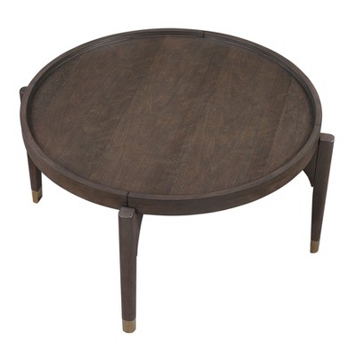 Vynxaria Classic Luxury 1pc Round Coffee Table - Dark Brown Finish, Solid Wood Legs with Metallic Gold Tip, Living Room Cocktail Furniture