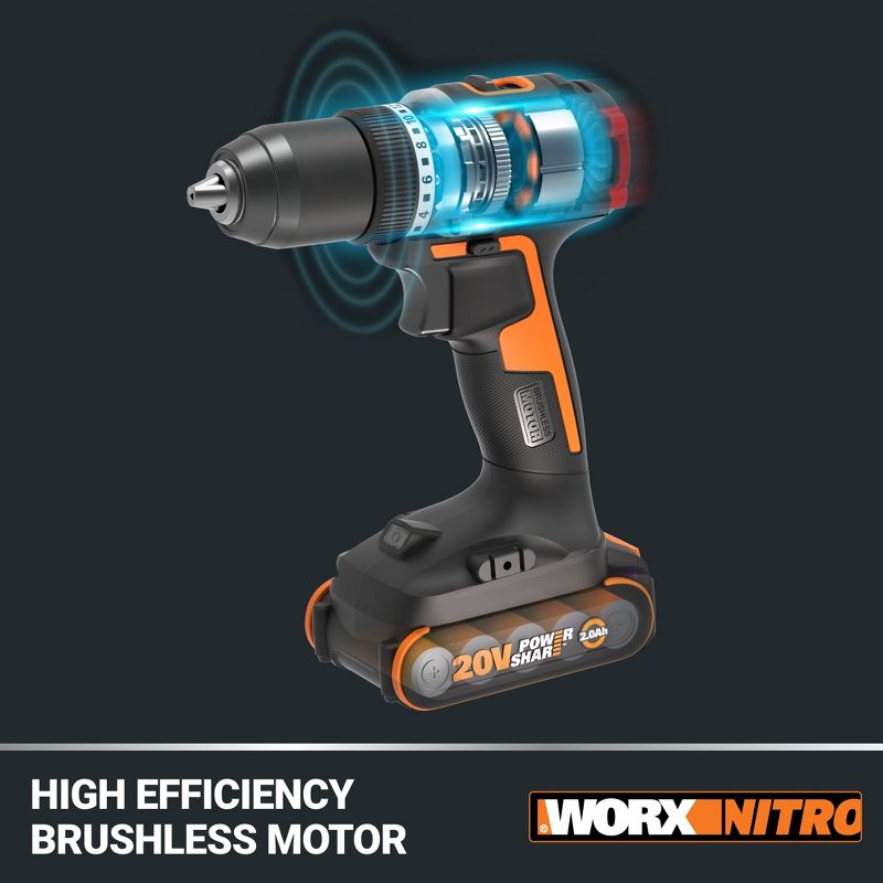 Worx Nitro WX130L.9 20V Compact Brushless 1/2” Drill/Driver (No Battery and Charger Included - Tool Only), 3 of 10