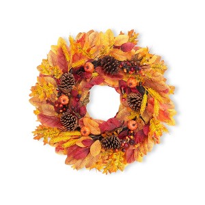24 Inch Fall Wreath for Front Door, Autumn Artificial Wreath with Pumpkins, Maple Leaves, Berries - 1 of 4