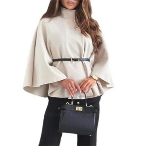 Coolmee Women's Batwing Sleeve Pea Coats Oversized Belted Trendy Casual Stand Collar Cloak Cape Coats - 1 of 4