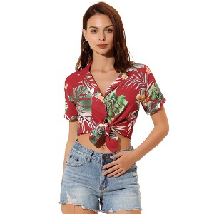 Allegra K Women's Hawaiian Floral Leaves Printed Short Sleeve Button Down Vintage Shirt - 1 of 4