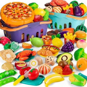 Cutting Play Food Toy, 2 Color Baskets, 115 pcs Fake Fruits Vegetables, Pretend Kitchen, Birthday Gift - 1 of 4
