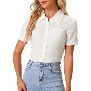 Allegra K Women's Short Sleeve Work Office Button Down Satin Shirt Elegant Collar Blouse - 1 of 4
