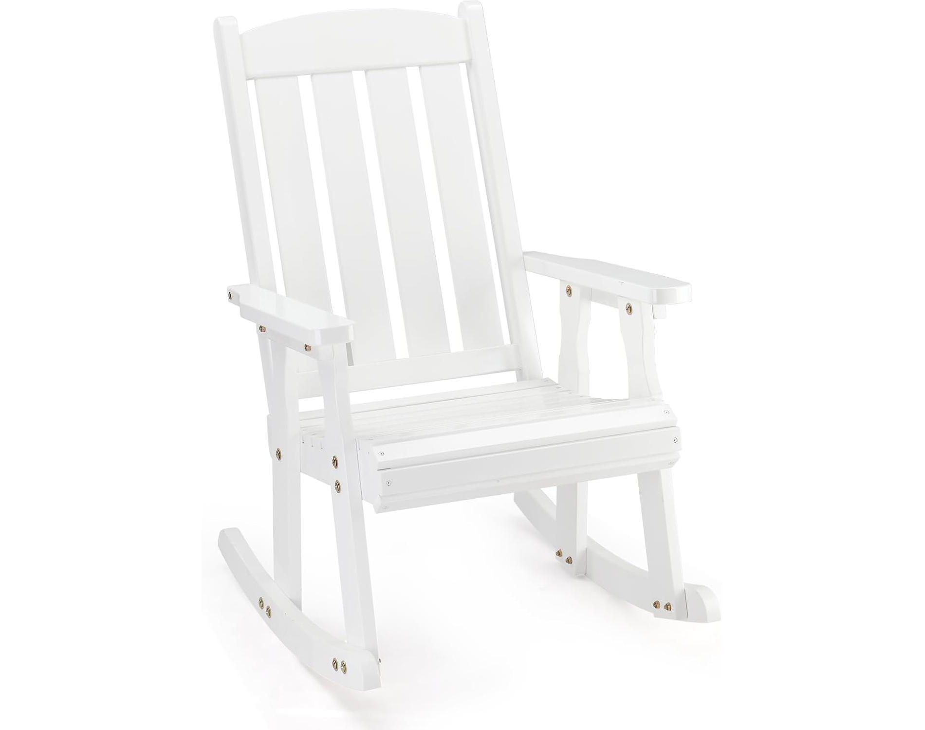 VINGLI Heavy Duty 600 LBS Outdoor Wooden Rocking Chair with Higher Backrest,Patio Rocking Chair with Ergonomic Design, White