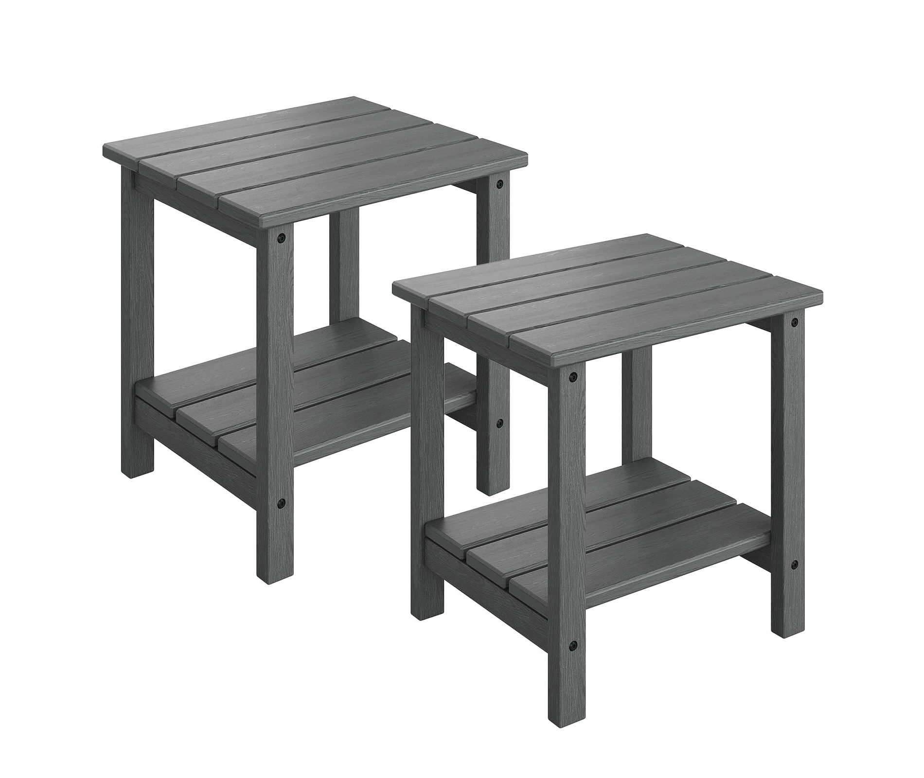 Set of 2 Outdoor Adirondack Side Tables with Lower Shelf - 2-Tier Wood-Look HDPE Patio End Tables - 18.1 x 15.7 x 16.1 in - Gray Wood Grain, 2-Pack