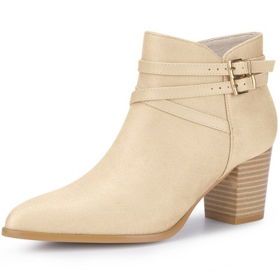 Allegra K Women's Round Toe Buckle Decor Cross Strap Block Heels Ankle Boots