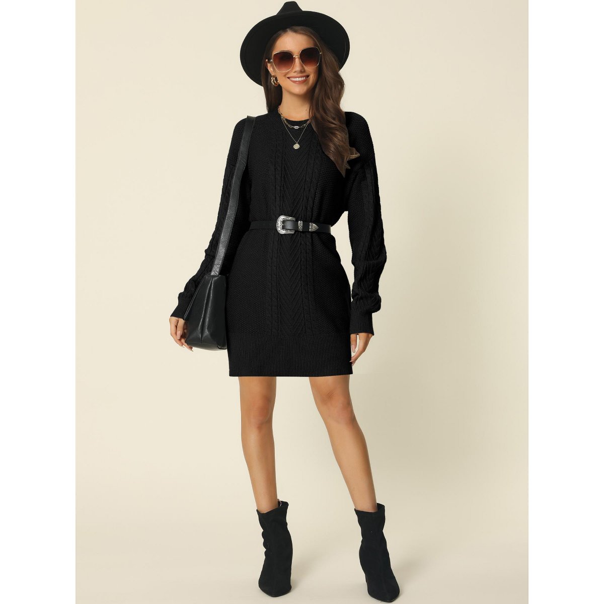 Женские платья INSPIRE CHIC Women's Warm Long Sleeve Crewneck Mini Cable Knit Casual Sweater Dress Large Black — фото 3