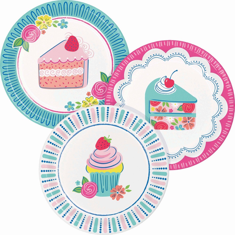 Say Hooray! Floral Cake Assorted Dessert Party Disposable Paper Plates 7" - 32ct