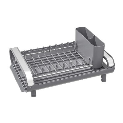 Compact Gray Metal Foldable Dish Rack with Utensil Cup