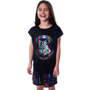 Harry Potter Girls' Hogwarts Rainbow Hologram Shirt and Shorts Pajama Set Black - 1 of 4