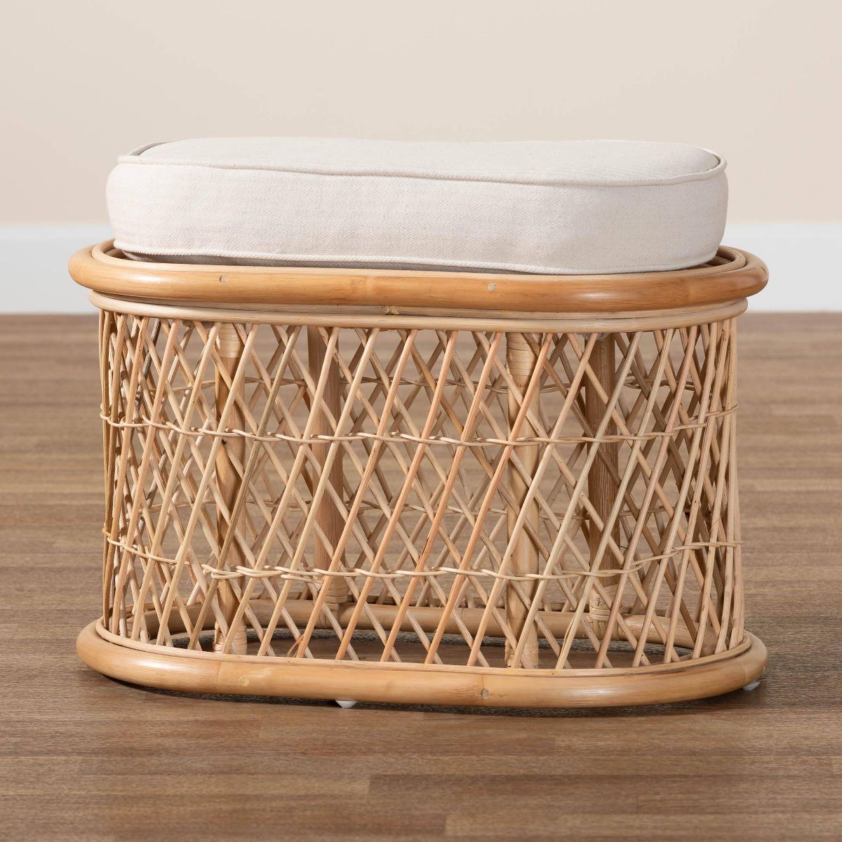 bali & pari Ladonna Natural Rattan Ottoman Footstool Natural: Upholstered Indoor Bench, Oval Shape, No Assembly Required - thumbnail 8