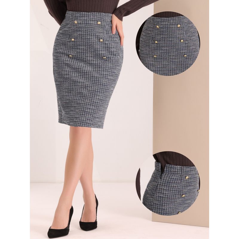 Allegra K Women's Pencil Tweed Buttons Decor Side Zipper Winter Classic Skirts, 2 of 6