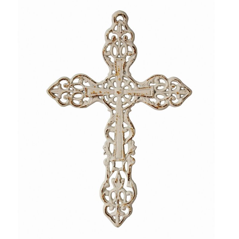 13&#34; x 8.6&#34; Decorative Distressed Cast Iron Wall Cross Worn White - Stonebriar Collection, 1 of 7