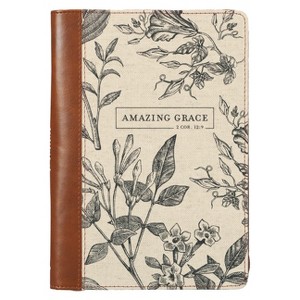 Christian Art Gifts Scripture Journal Brown/Cream Floral Printed Amazing Grace 2 Cor. 12:9 Bible Verse Inspirational Faux Leather Notebook, Zipper - 1 of 1
