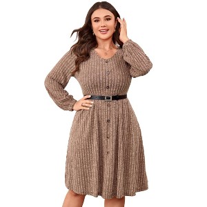 Coolmee Womens Plus Size Fall Long Sleeve Ribbed Knit Dresses Casual V Neck Knee Length Button Down Winter Sweater Dress with Belt - 1 of 4