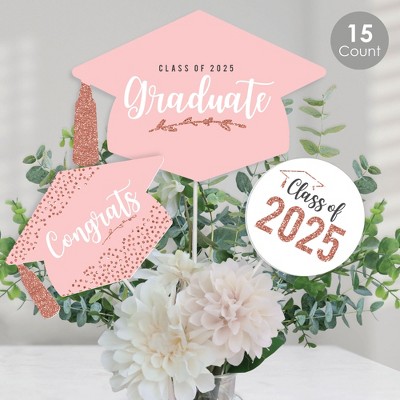 Big Dot of Happiness Rose Gold Grad - 2025 Graduation Party Centerpiece Sticks - Table Toppers - Set of 15