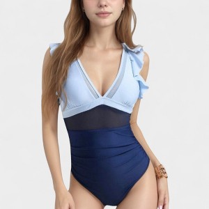 Anna-Kaci Swim Women's Mesh Panel One Piece Swimsuit with Ruffle Shoulder Detail and Deep V Neckline - 1 of 4