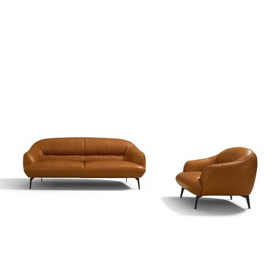66" Cognac Brown Leather Pillow Back Loveseat with Metal Legs