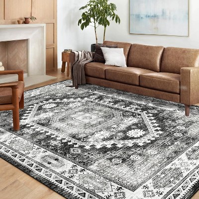 Washable Runner Rug Oriental Vintage Floral Entryway Rug Runner Low Pile Non-Shedding Runners Anti-Slip Soft Faux