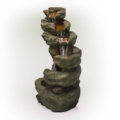 48" Dark Moss Green Multi-Tier Resin Outdoor Waterfall Fountain with LED Lights