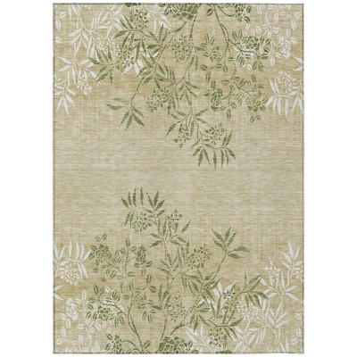 Khaki Ivory And Green Floral Washable Indoor Outdoor Area Rug