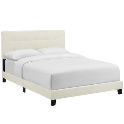 Modway Amira Full Performance Velvet Bed – Ivory – Upholstered Full Bed with Tufted Headboard and Durable Wood Slat Base